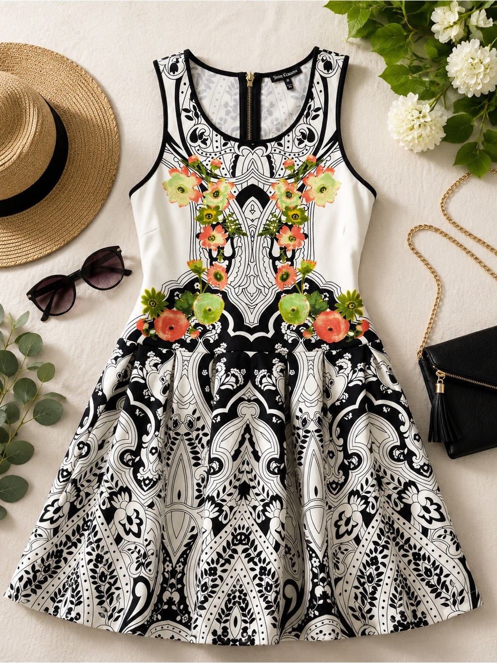 Juicy Couture Black & White Floral-Accent Fit-and-Flare Mini Dress